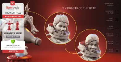 3D model of Nuka-Girl in a spacesuit with two head variants for 3D printing.