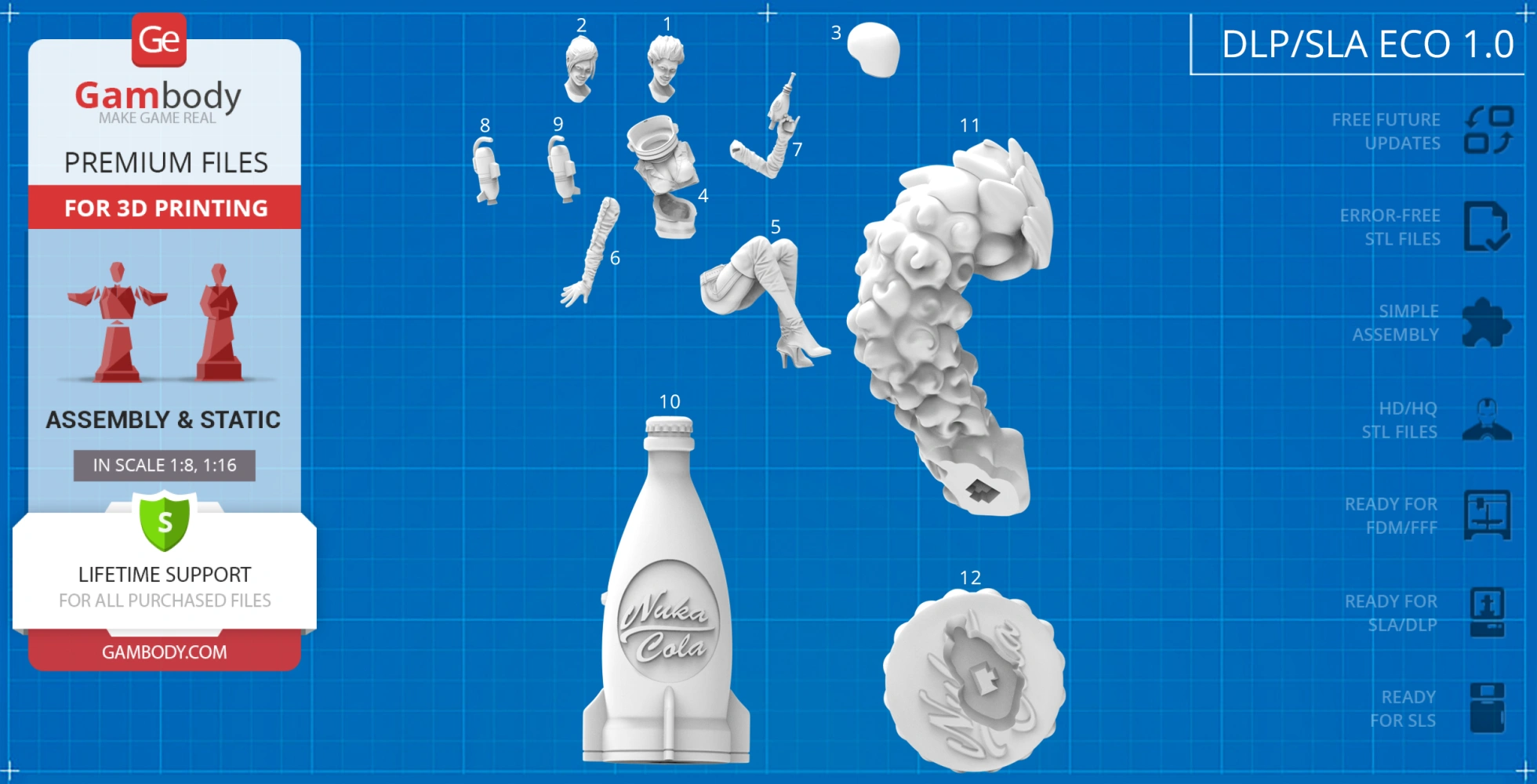 3D printing parts for Nuka-Girl, including a rocket, figure pieces, and a Nuka Cola bottle on a blueprint background.