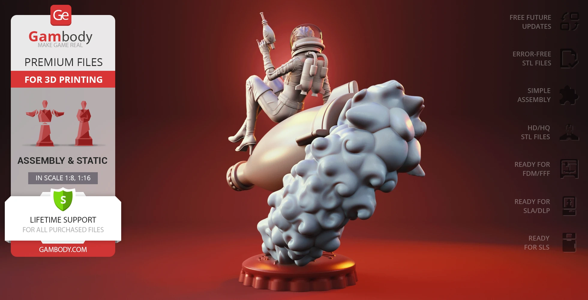 A retro astronaut character sitting on a rocket with swirling smoke, ready for 3D printing.