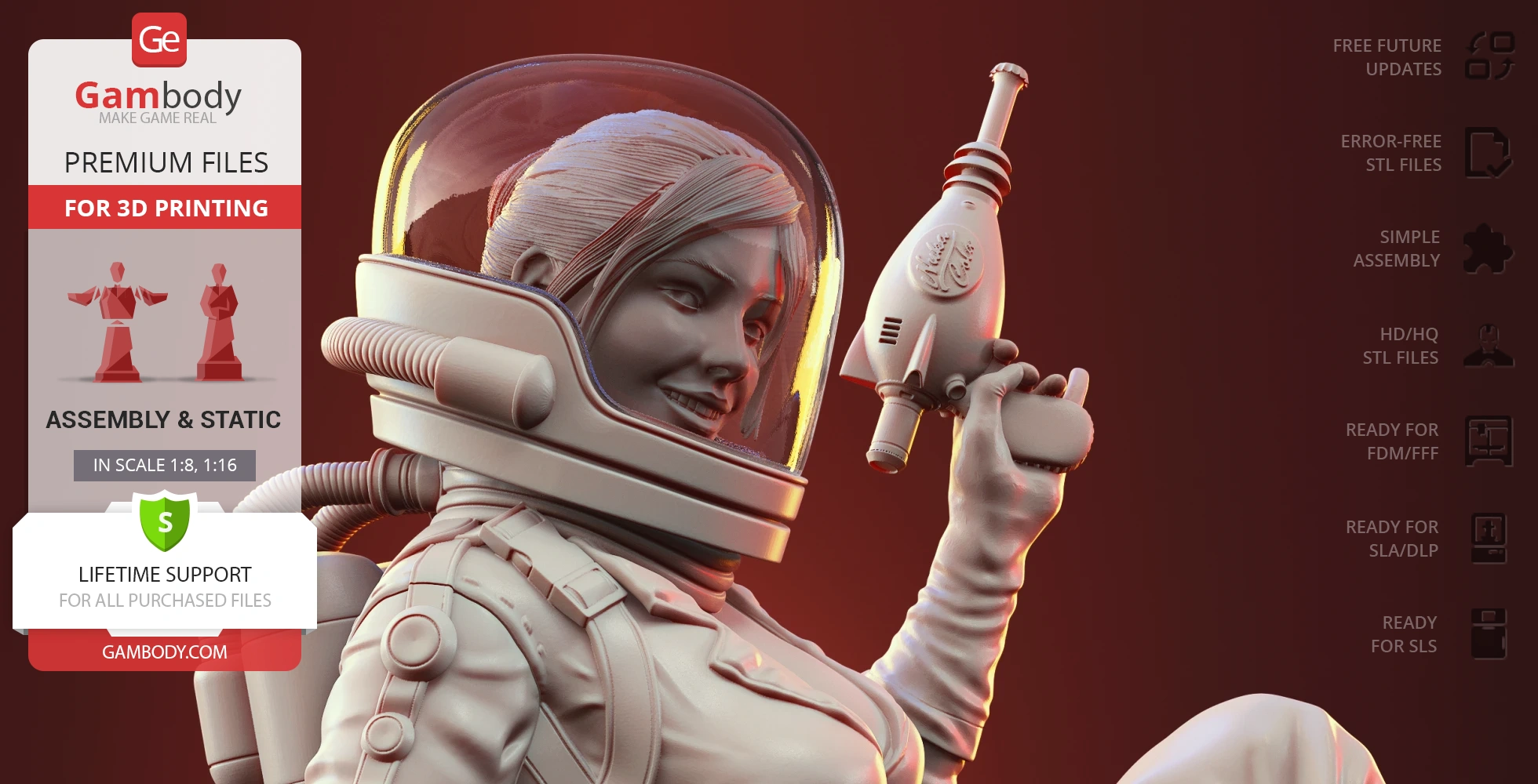 Smiling woman in a spacesuit holding a futuristic ray gun, ready for 3D printing.
