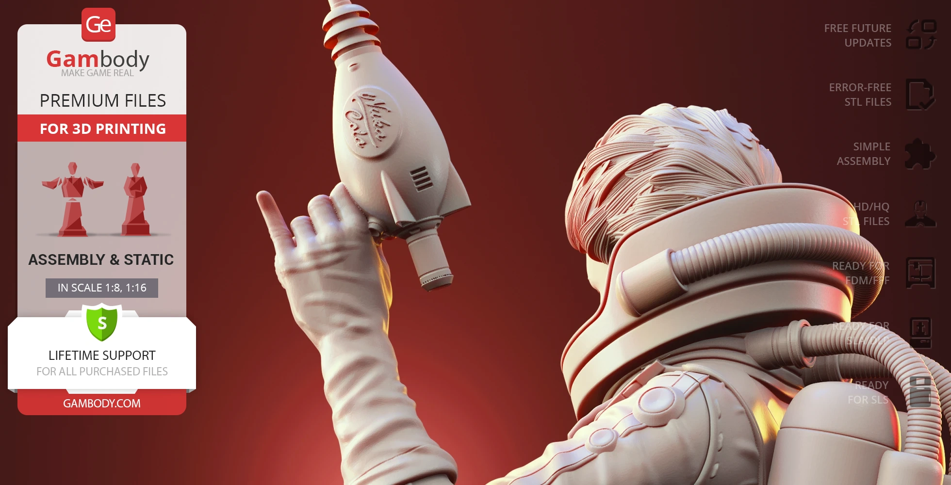 A detailed 3D model of an astronaut holding a retro-futuristic blaster, with intricate suit and helmet design.