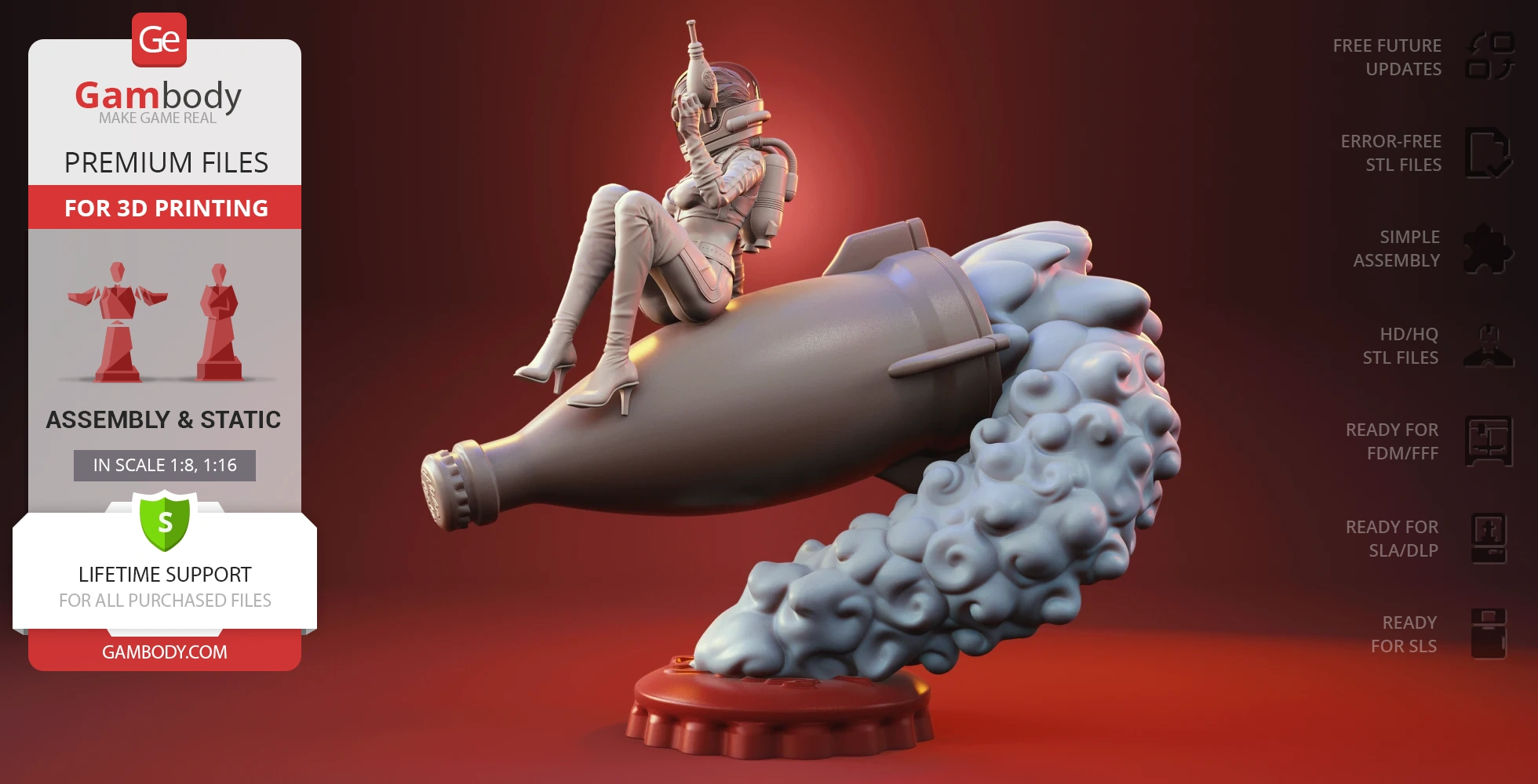 A retro space-suited figure sitting on a rocket with smoke, ready for 3D printing.