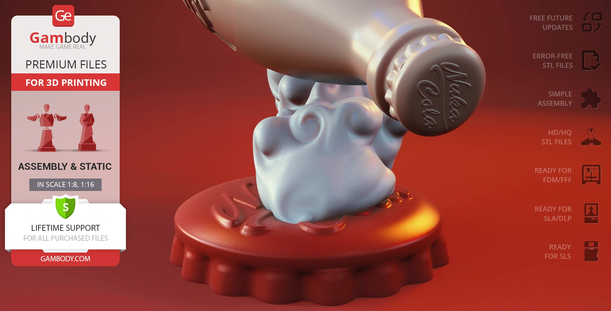 Bottle cap on cloud-like base, labeled 'Nuka Cola,' promotional image for 3D printing files.