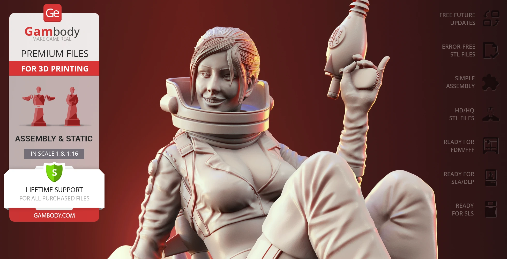 Retro futuristic woman in a space suit holding a ray gun, posed for 3D printing.