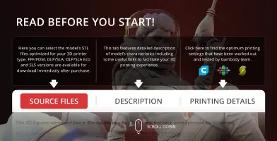 A futuristic figure in a space suit holding a raygun, with overlay text about 3D printing files.