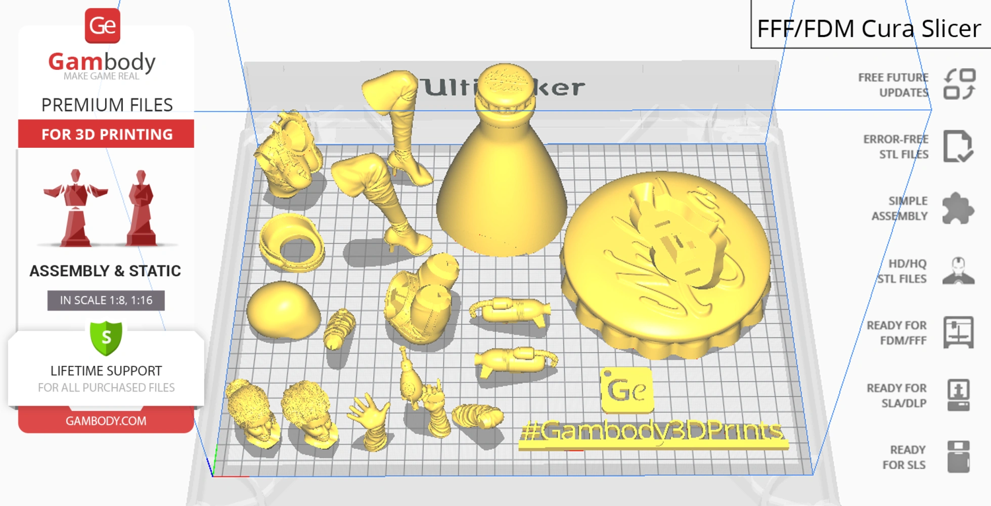 A 3D printing layout with separated parts of a figure, including limbs, accessories, and base components.