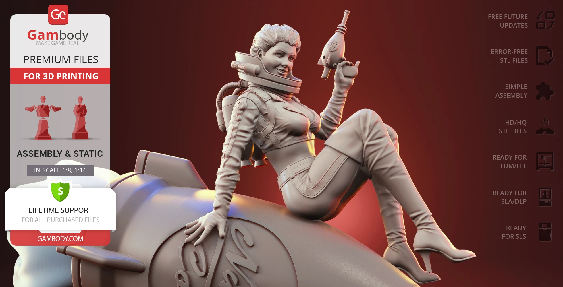 A retro-styled woman in a spacesuit poses with a ray gun, sitting on a rocket.