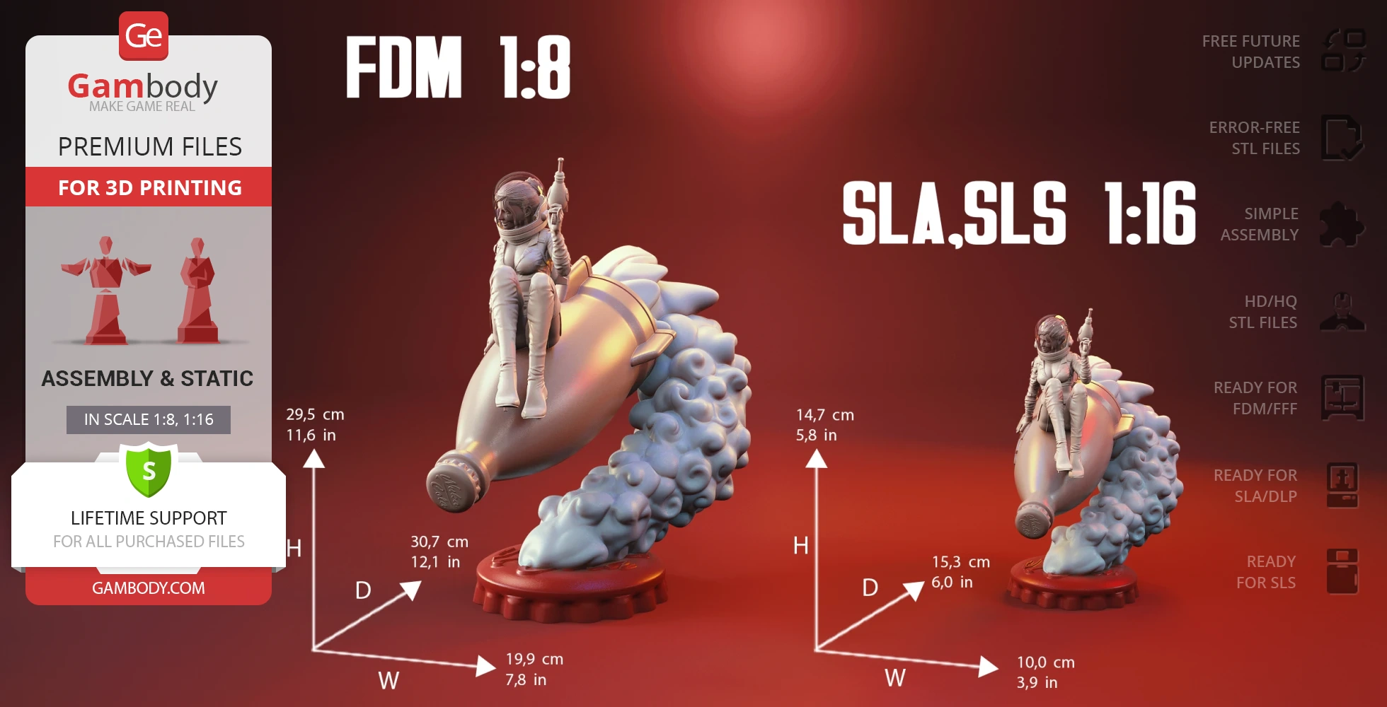 A figure in a spacesuit sitting on a retro rocket, available in two scales for 3D printing.