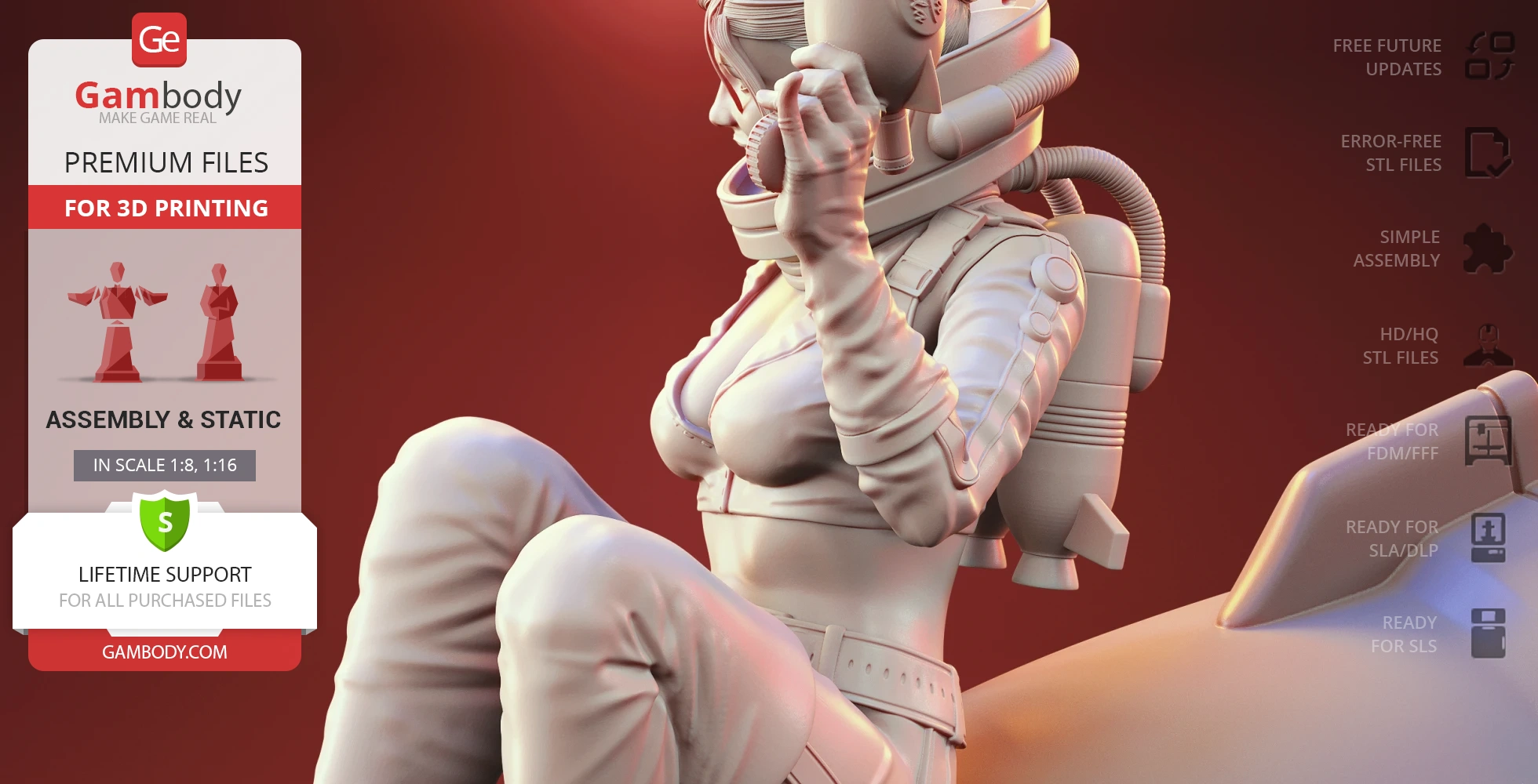 A futuristic astronaut woman posed confidently, wearing a helmet and space suit, sitting on a rocket.