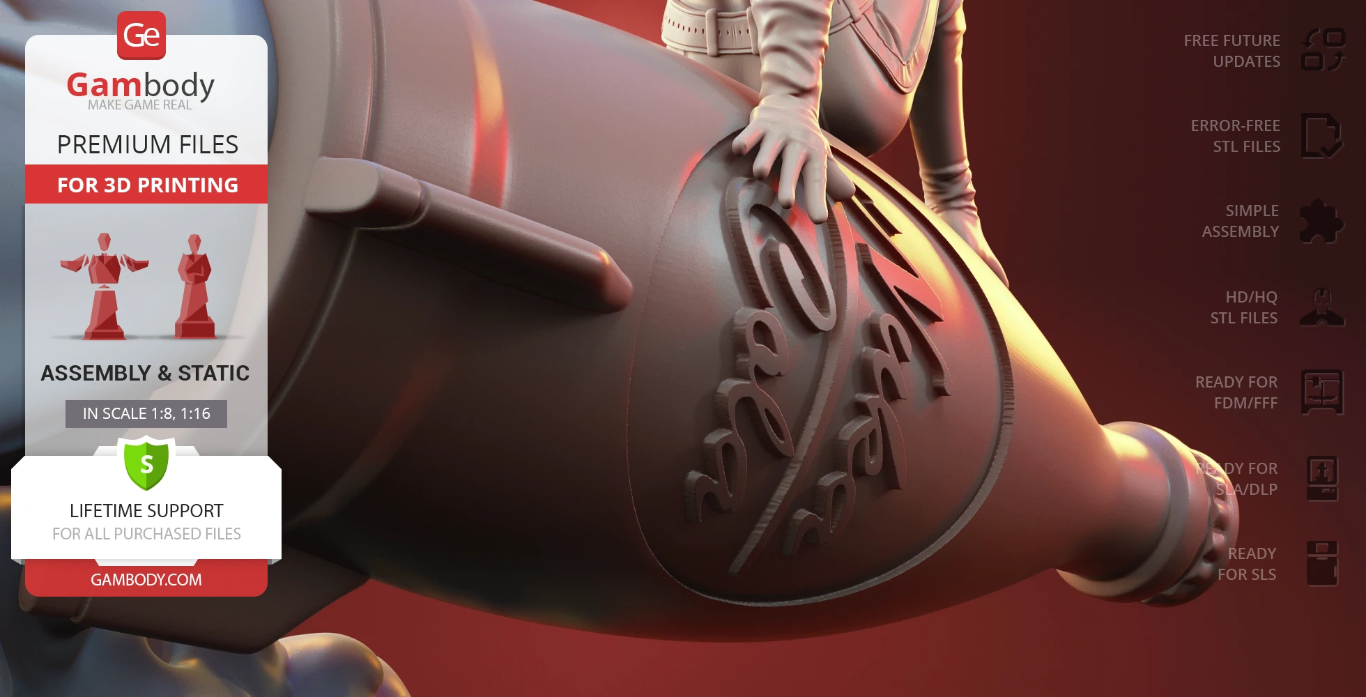A close-up of a 3D printed Nuka-Cola bottle with a character holding it, from Gambody's premium files.