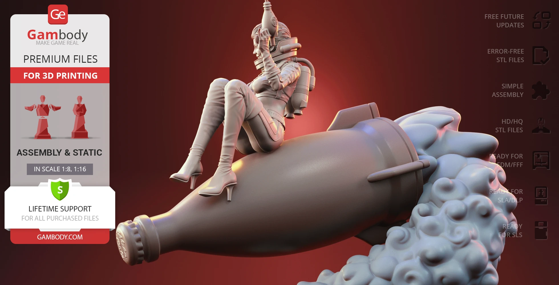 Woman in a space suit sitting on a rocket, preparing for launch with smoke effects.