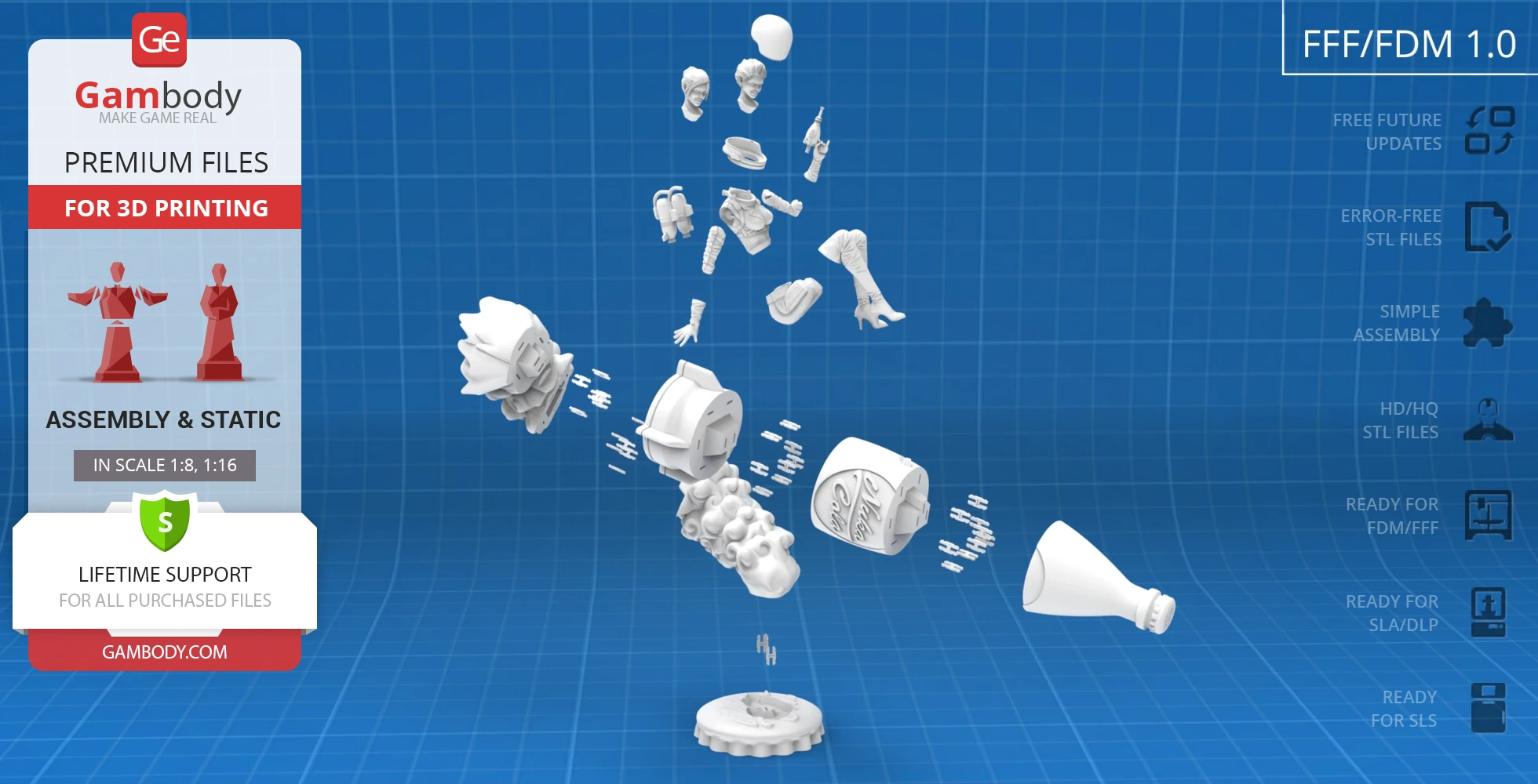 Exploded view of 3D parts for 'Nuka-Girl' model assembly, displayed on a blue grid backdrop.