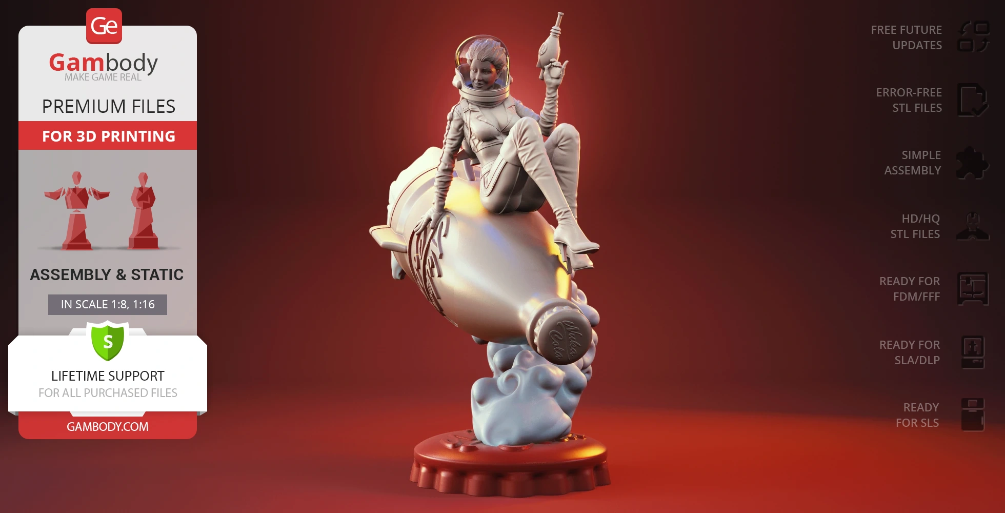 A 3D model of a woman in a spacesuit sitting on a rocket-shaped bottle, holding a ray gun.