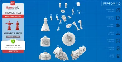 3D model print files of Nuka-Girl, featuring modular parts and assembly details on a blueprint background.