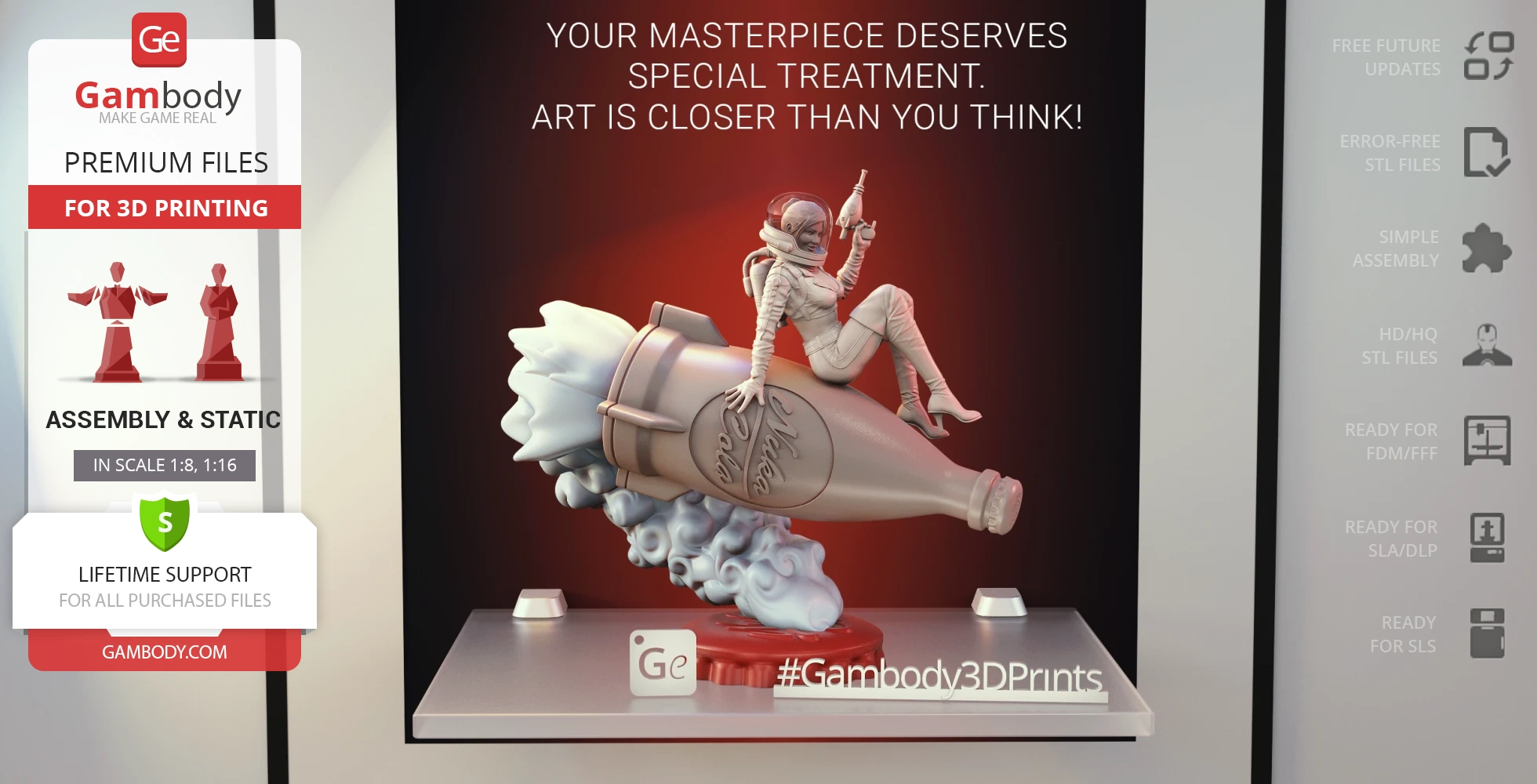 A woman in a spacesuit rides a Nuka-Cola rocket with smoke trails, ready for 3D printing.