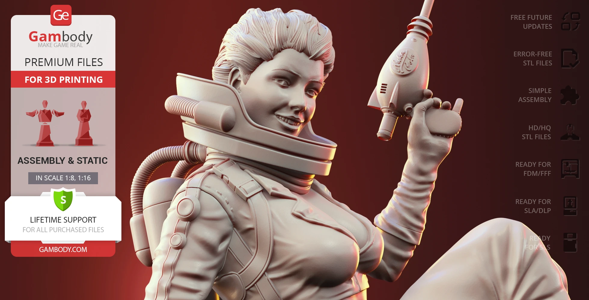 A smiling female astronaut holding a retro-futuristic ray gun, ready for 3D printing.