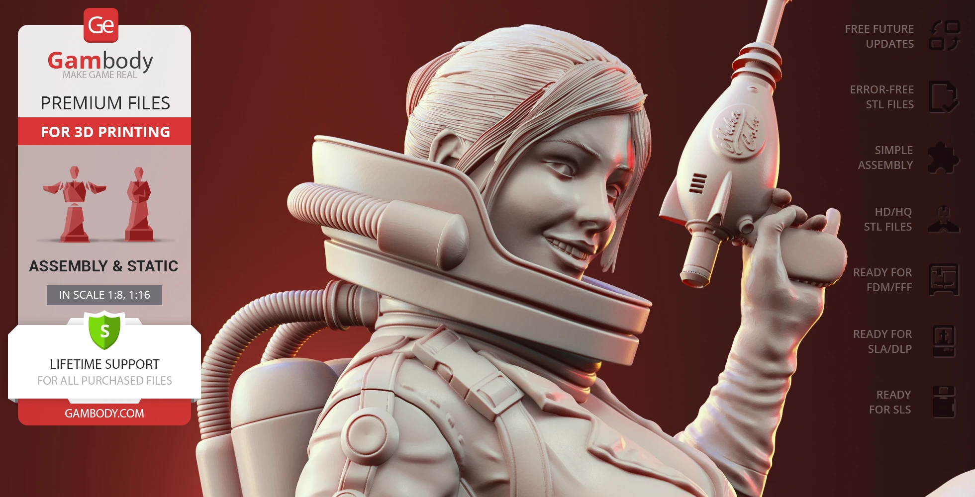 3D model of a smiling woman in a spacesuit holding a futuristic gun, designed for 3D printing.