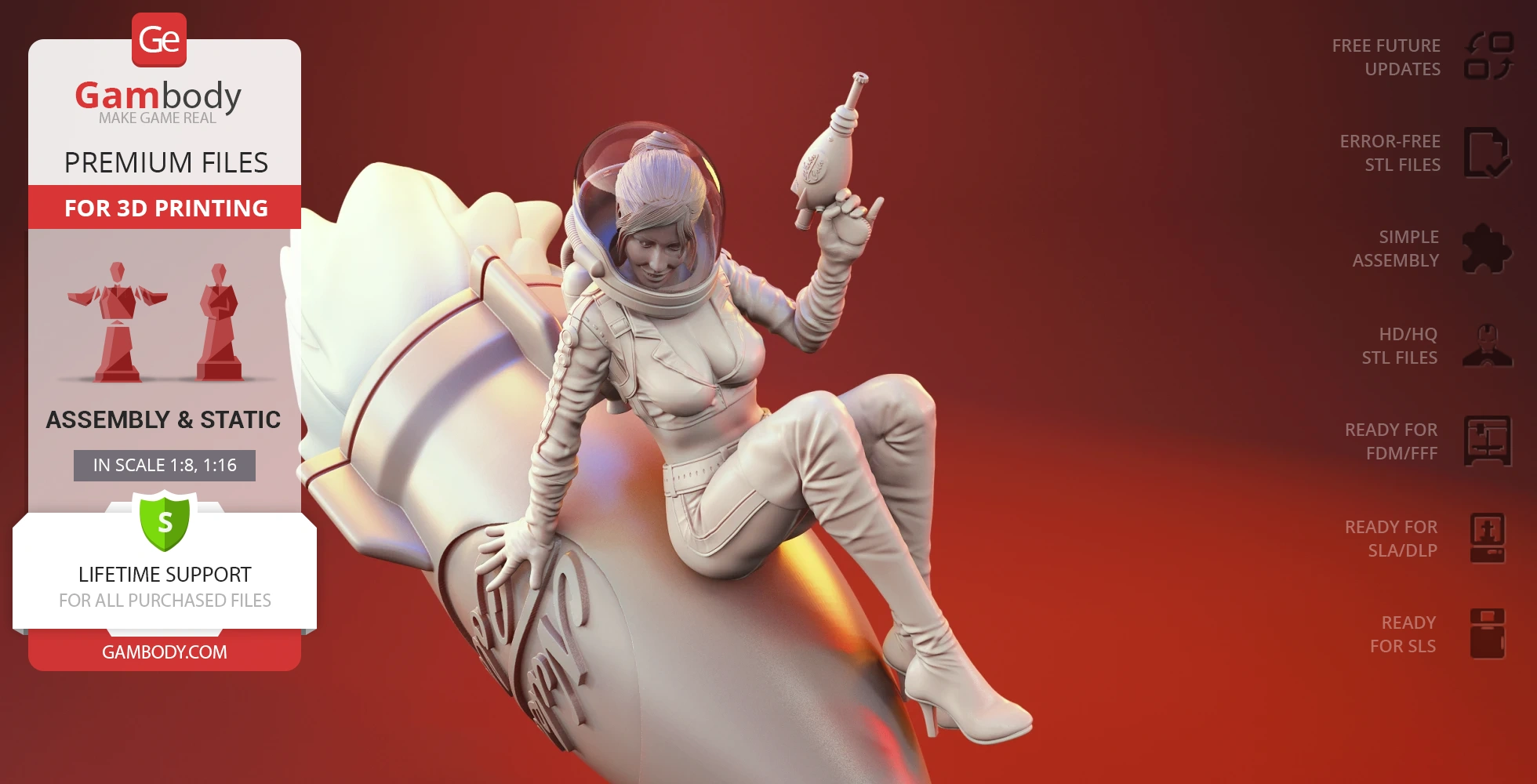 Retro space girl in a suit, seated on a rocket, holding a ray gun, set against a red background.