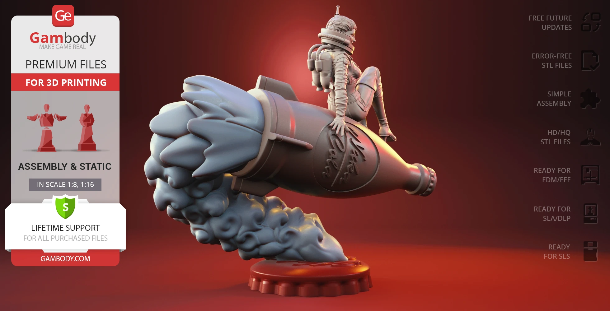 A futuristic figure in a spacesuit rides a rocket with cloud-like exhaust on a stylized base.