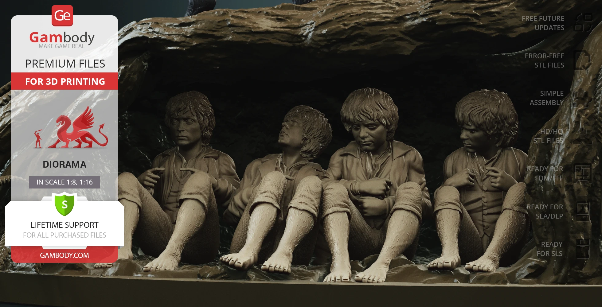 Four detailed hobbit figures hiding in a cave, part of a diorama for 3D printing from Gambody.