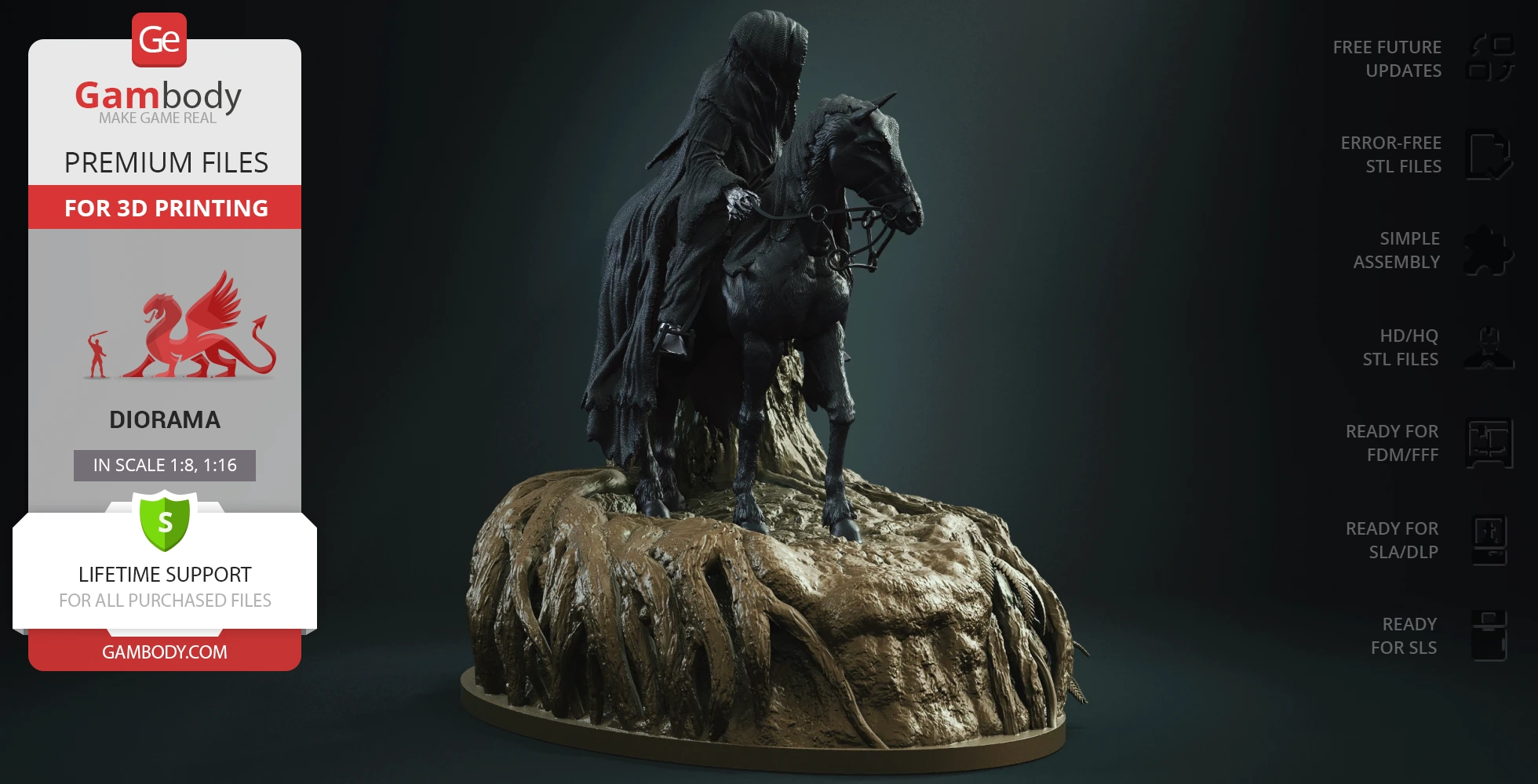 A cloaked figure on a horse in a detailed diorama, set on a textured base with roots.