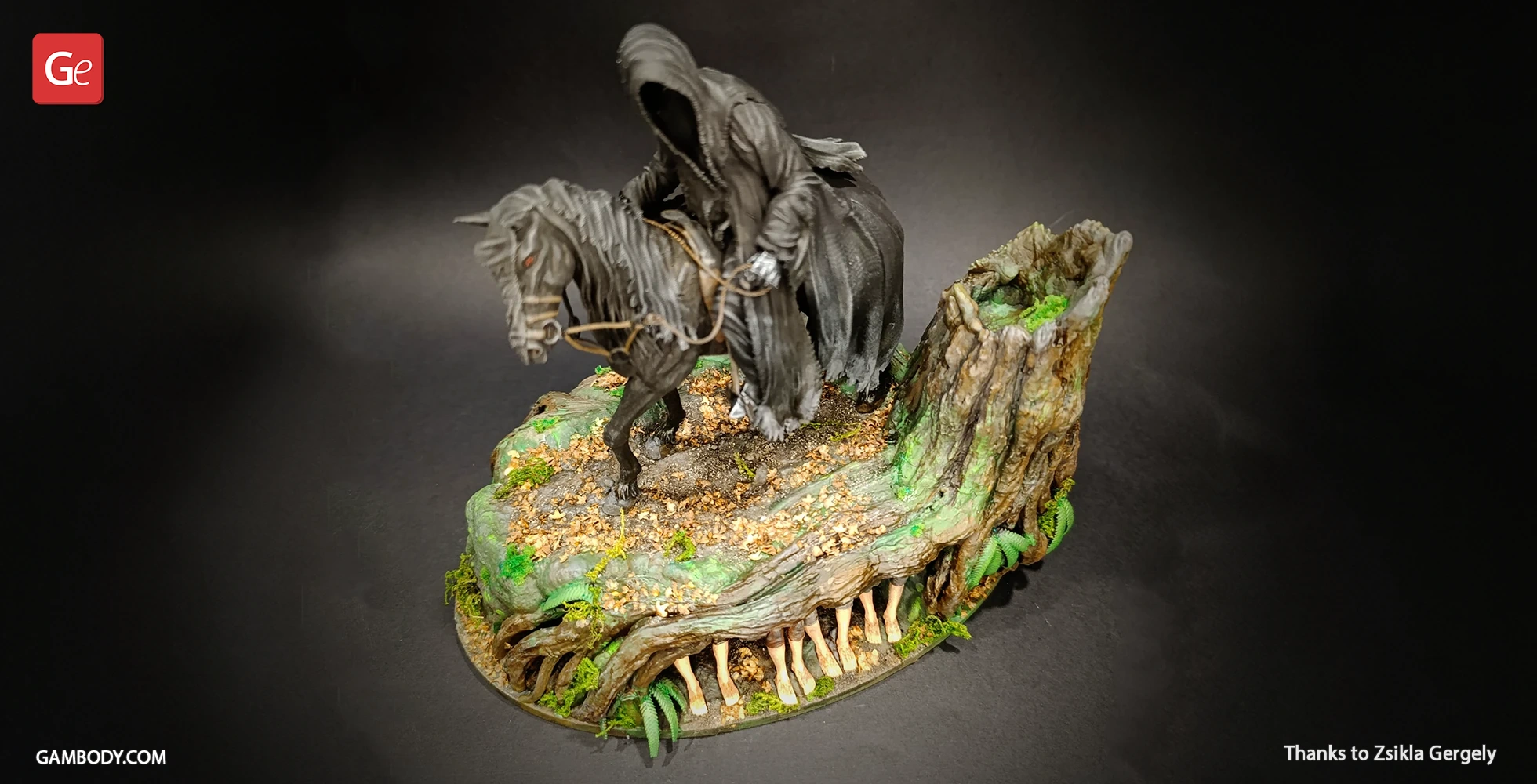 A cloaked figure on horseback in a diorama, over hidden feet suggesting concealed characters underneath.