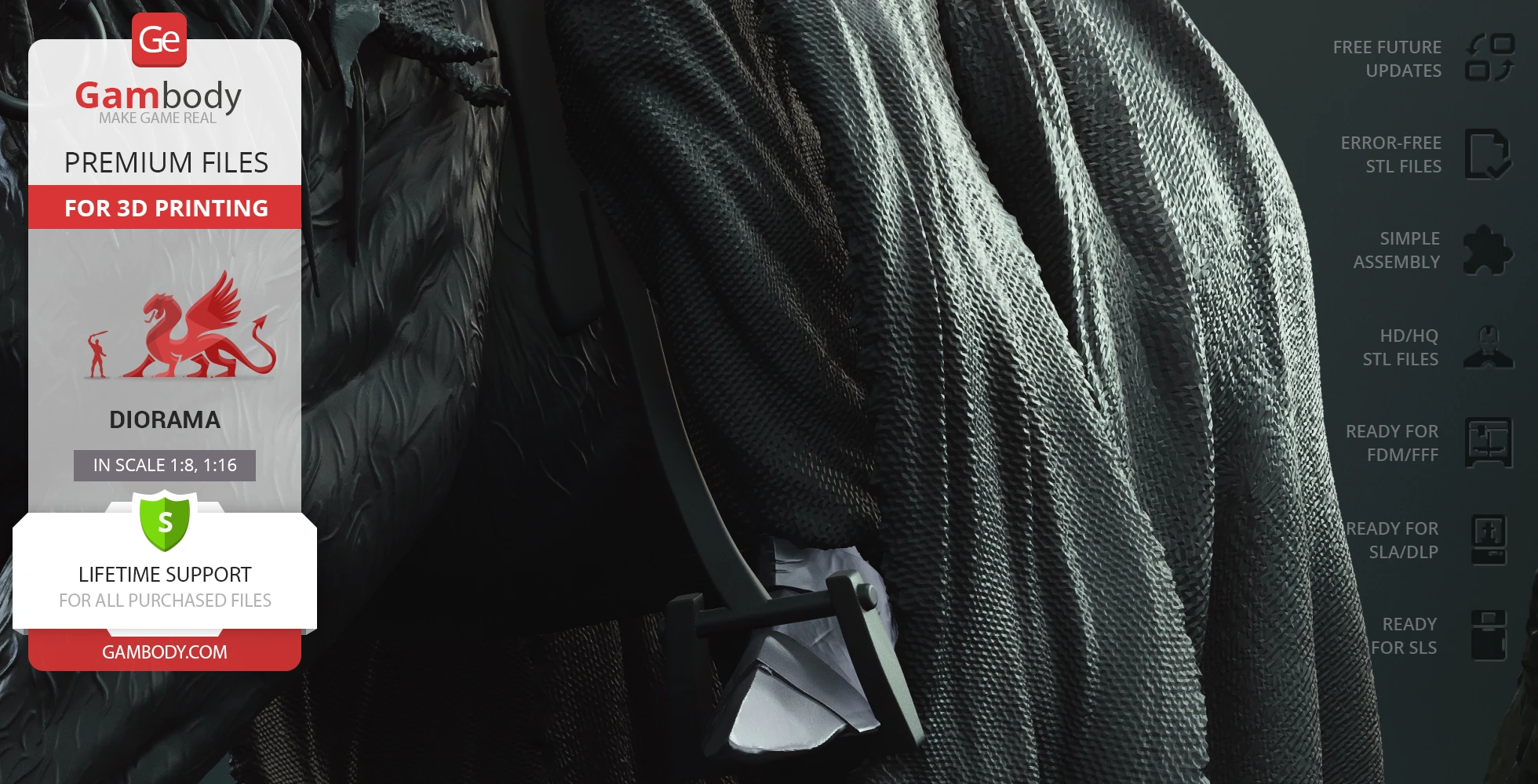 Draped black fabric texture in close-up with Gambody logo and 3D printing diorama file details.