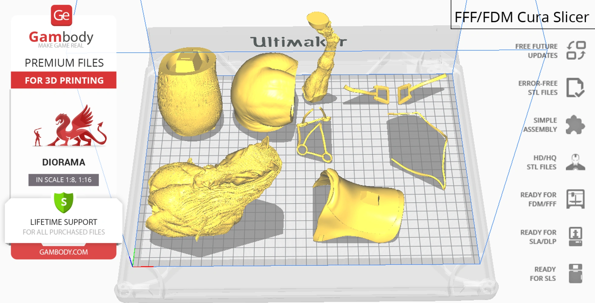 3D model parts of a Nazgul and Hobbits diorama displayed in a slicing software for printing.