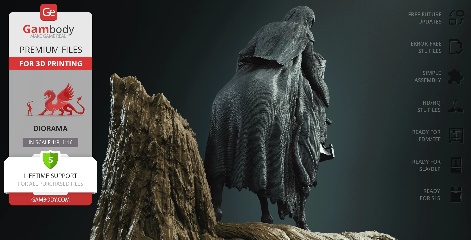A cloaked figure stands on rocky terrain, part of a diorama for 3D printing from Gambody.