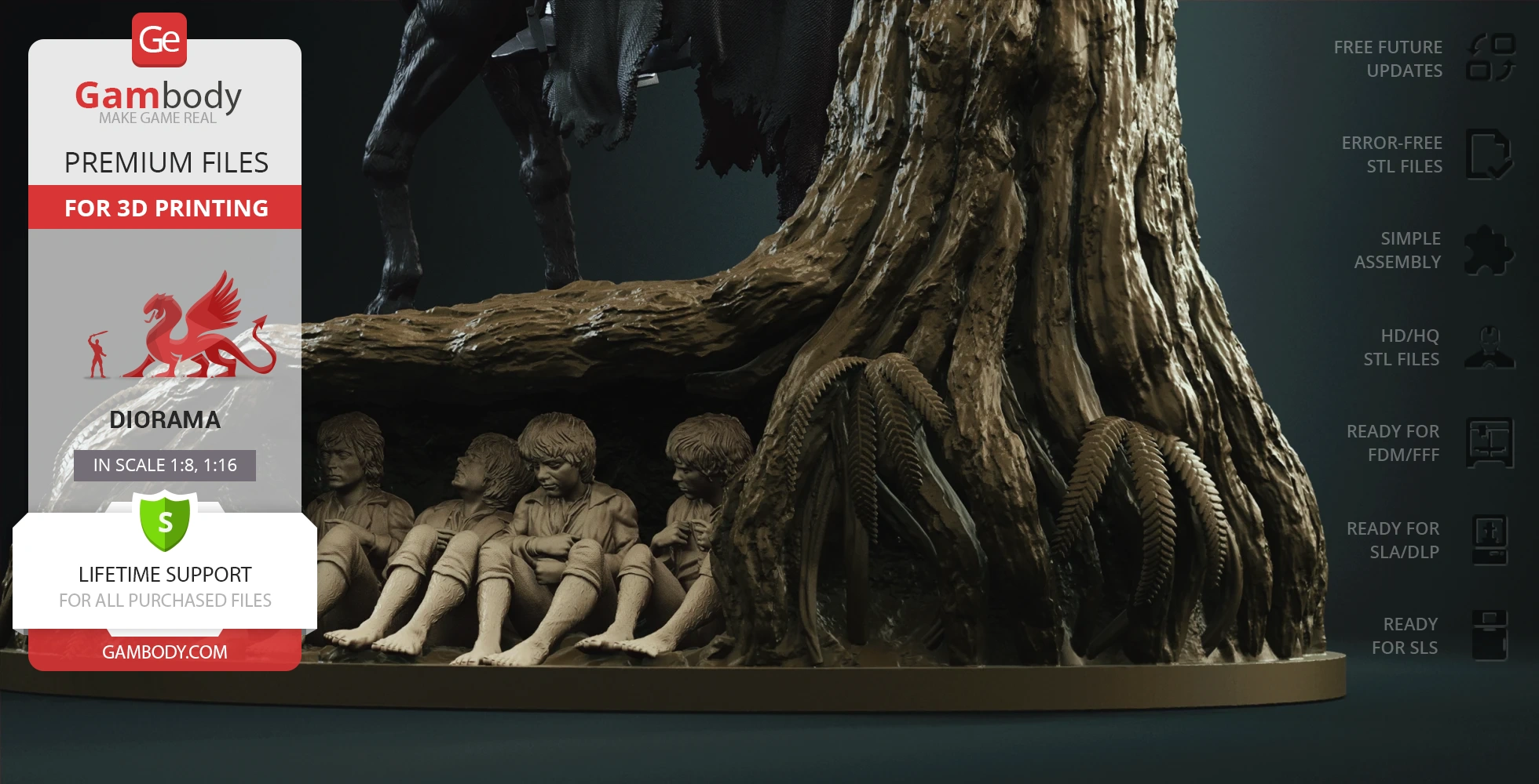 Four hobbits hiding under a tree in a detailed diorama, with a Nazgul's horse partially visible above.