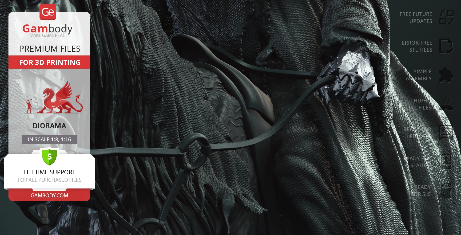 Close-up of a dark, textured cloak with a hand gripping reins, promoting a 3D printing diorama file.