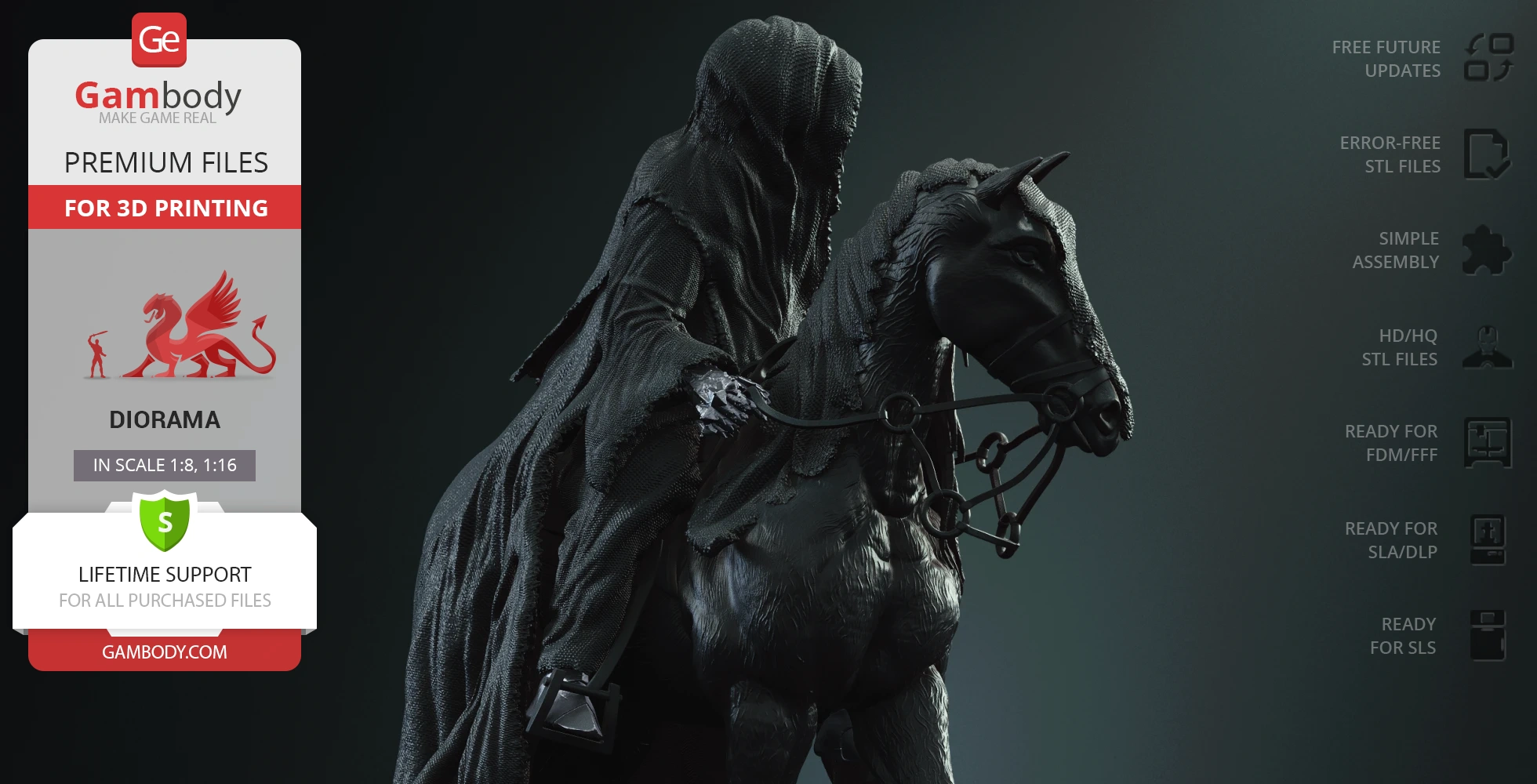 A dark robed figure riding a horse, part of a detailed diorama, designed for 3D printing.