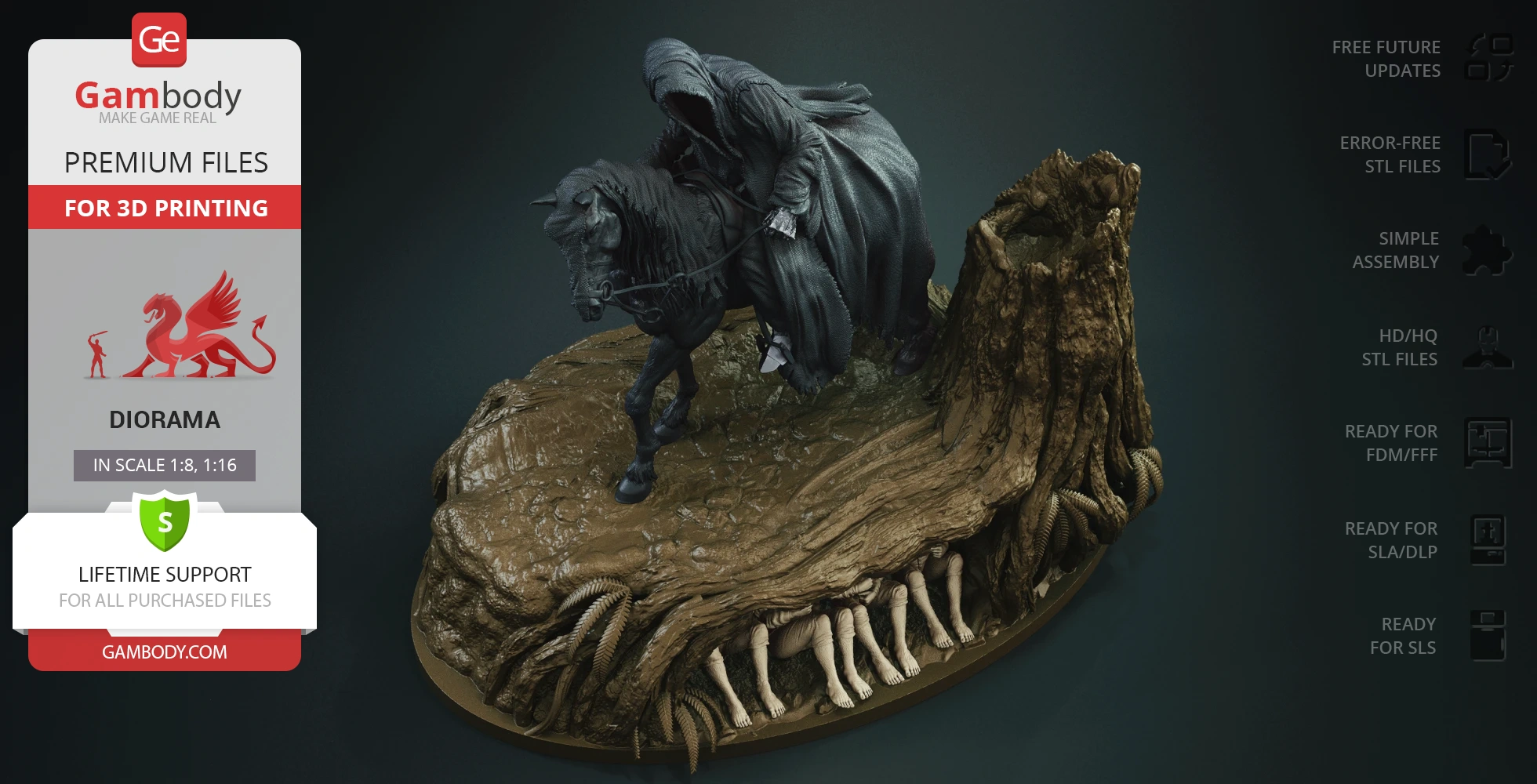 A hooded figure on horseback atop a diorama with hidden characters underneath.