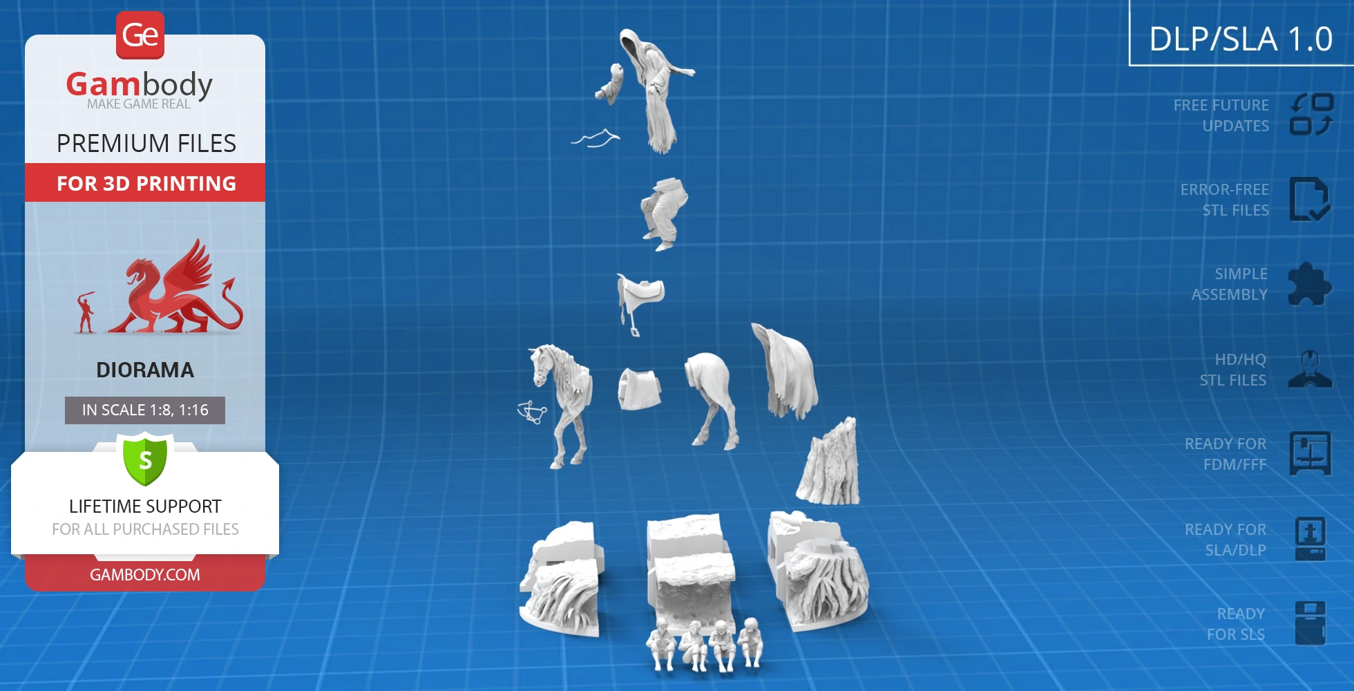 3D printable diorama parts showing a Nazgul, horse, and hobbits, ready for assembly.