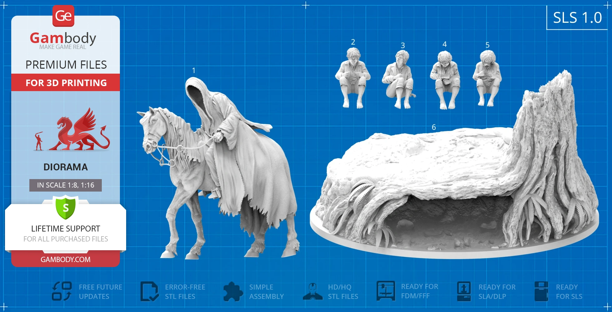 Rider on horse, four seated figures, and a tree canopy base in a diorama set for 3D printing.