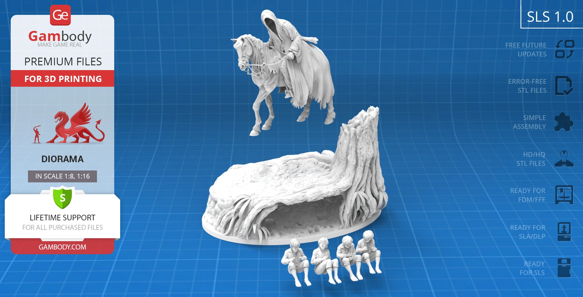 A diorama model of a cloaked rider on a horse, with four small figures hiding by a tree.