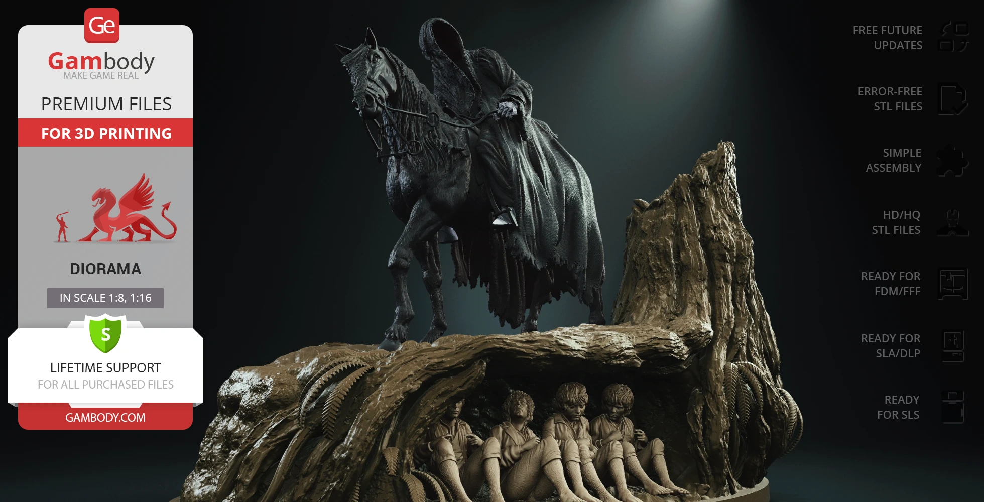 A diorama featuring a cloaked rider on horseback above hobbits hiding under a tree trunk.