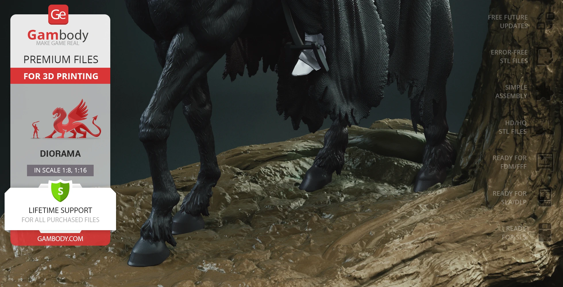 A diorama of a cloaked figure on horseback, detailed ground and rock textures for 3D printing.