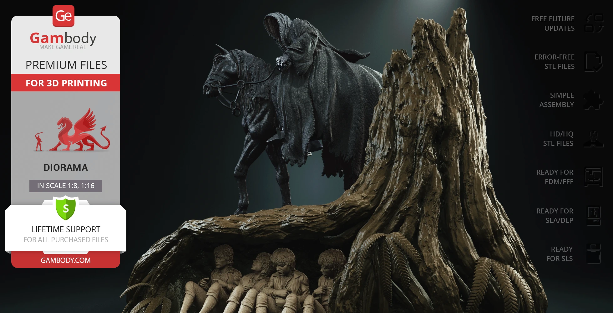 A diorama featuring a cloaked figure on horseback above hidden figures under a tree.