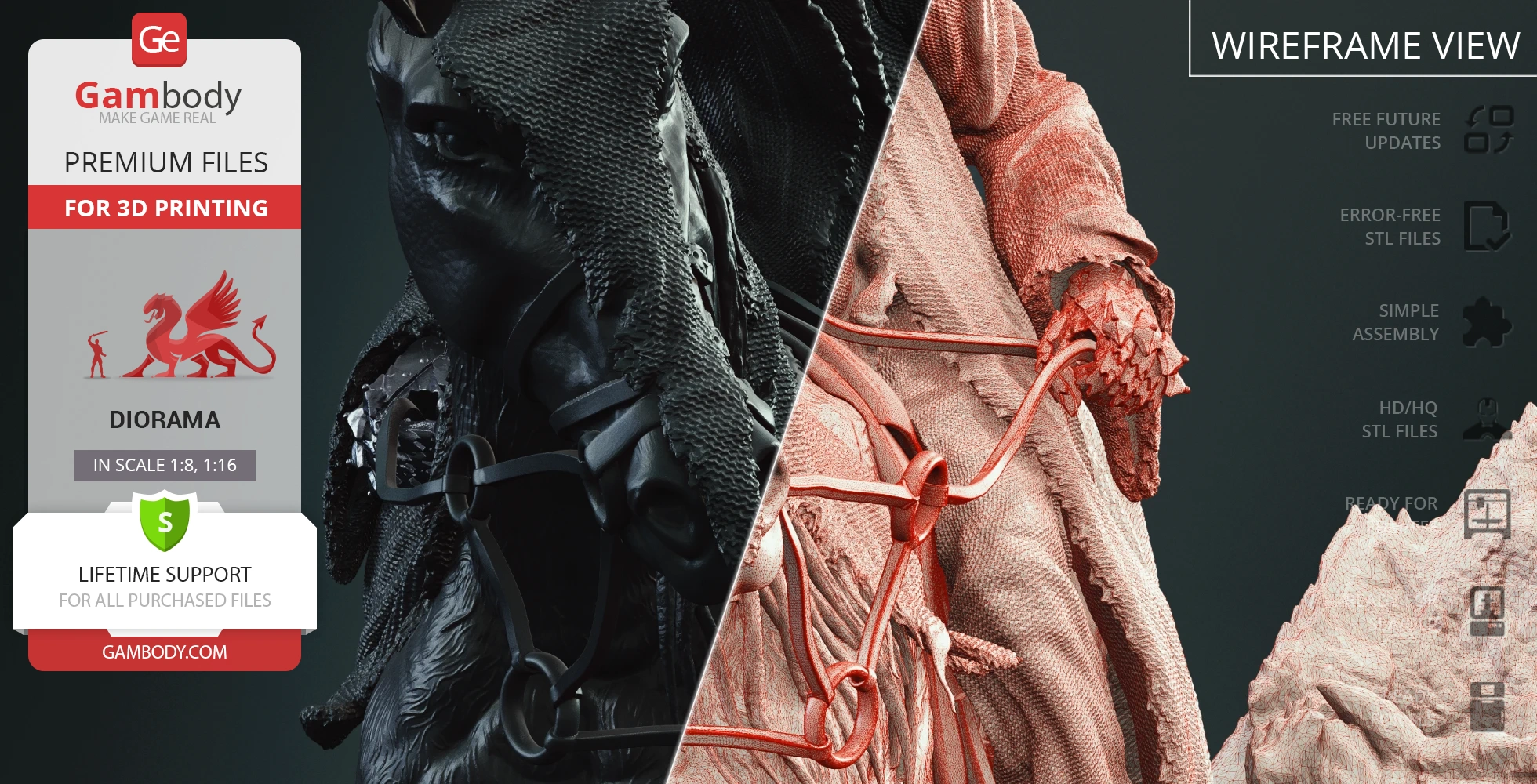 A detailed 3D model diorama of a dark Nazgul figure and Hobbits, shown in both textured and wireframe views.