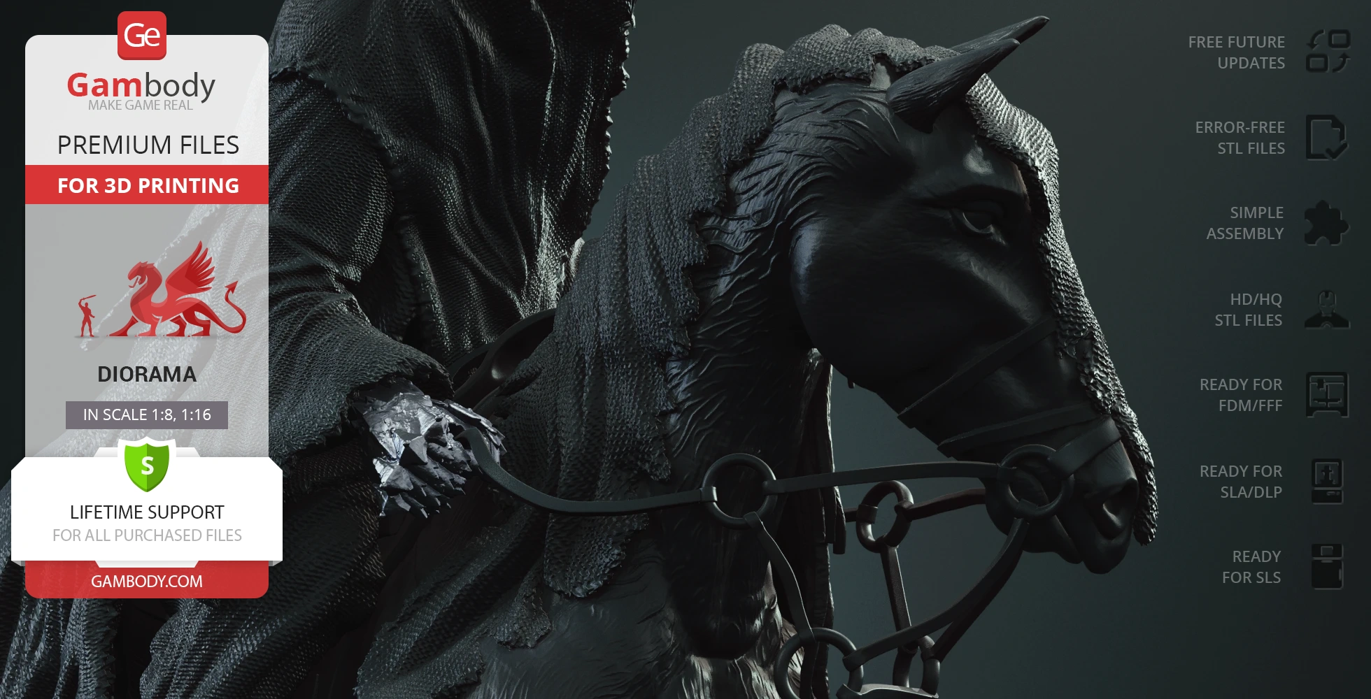 A dark, cloaked figure on horseback from a 3D printable diorama, promoting premium STL files by Gambody.