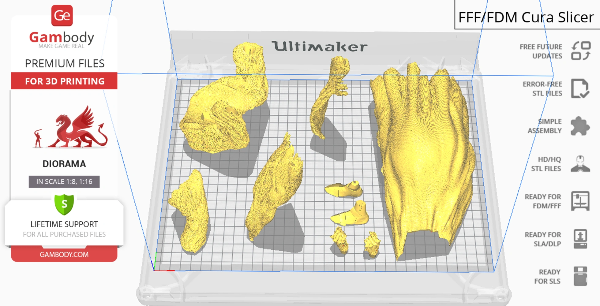3D print files of Nazgul and Hobbits diorama, showing fragmented parts for assembly on a print bed.