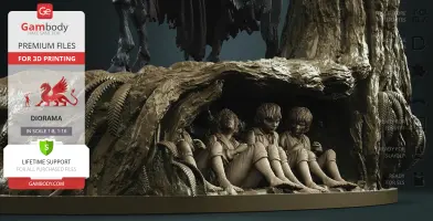 Hobbits hiding under a tree root; a Nazgul stands above in detailed 3D diorama.