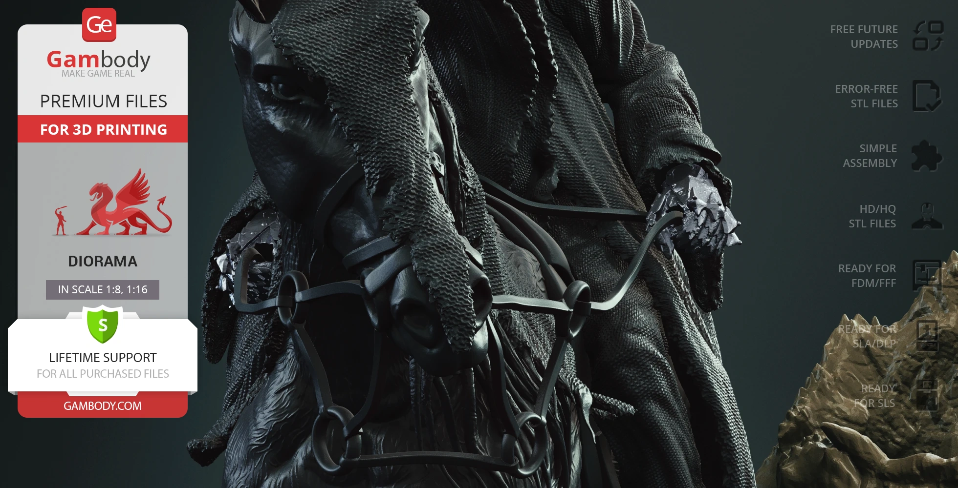 A detailed 3D diorama model of a cloaked rider on a horse with intricate textures for printing.