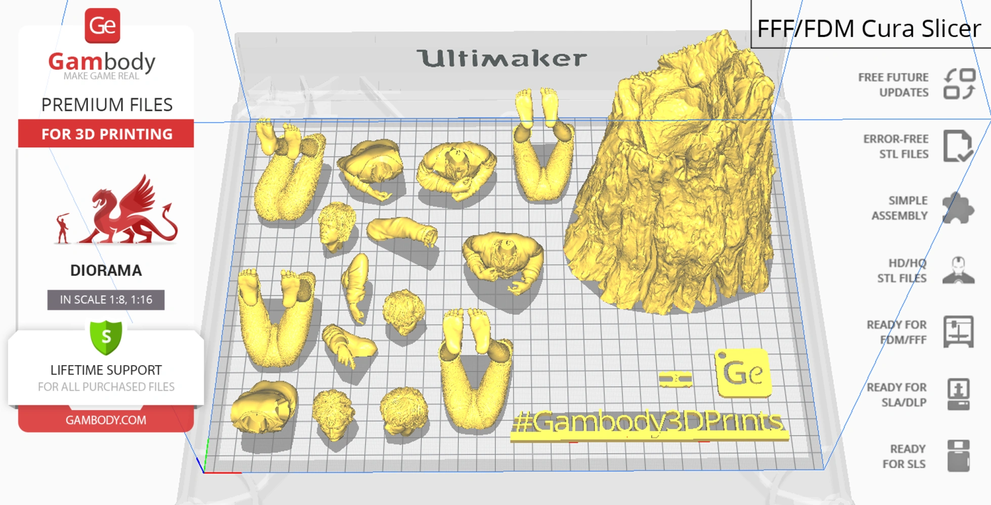 Various 3D model parts on a grid, representing a diorama featuring Nazgul and Hobbits for printing.