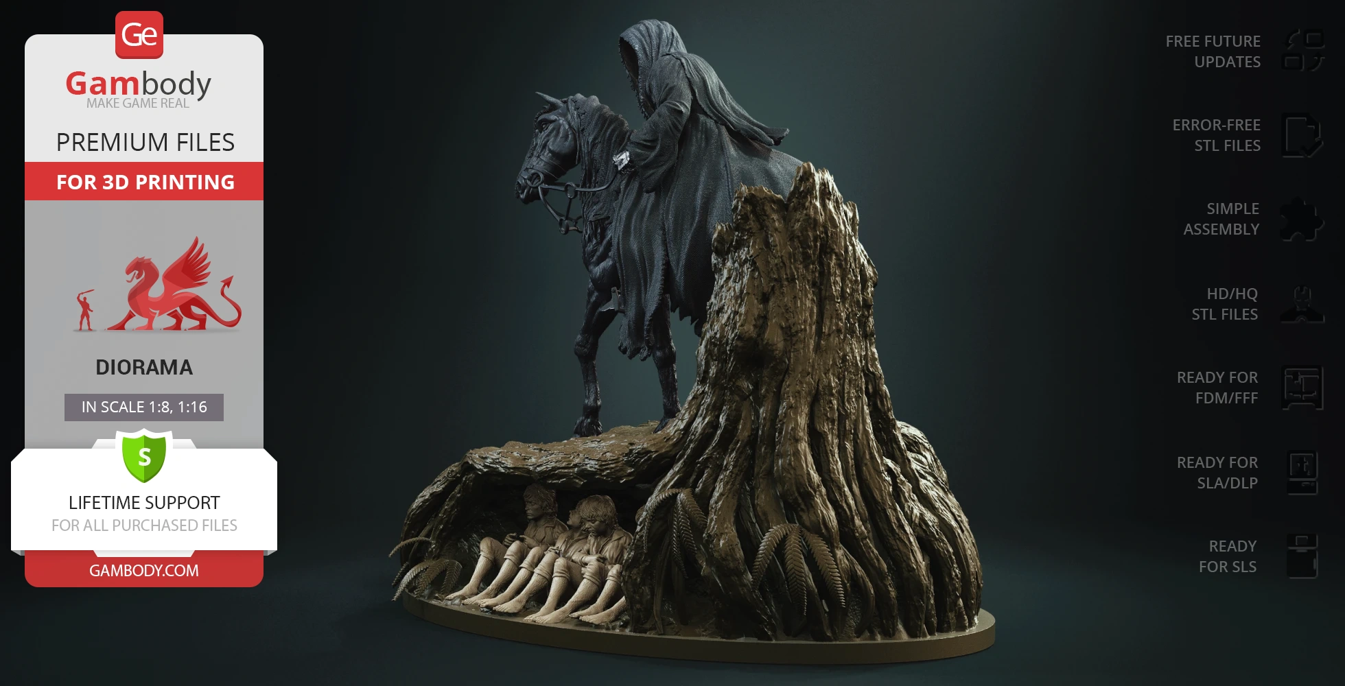 A hooded figure on horseback above three crouching figures under a tree in a detailed diorama.