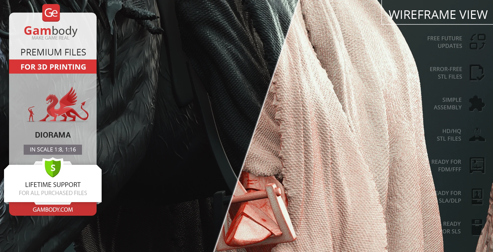 Detailed textile textures for 3D printing on dark and light materials, highlighting a cloaked figure in a diorama.