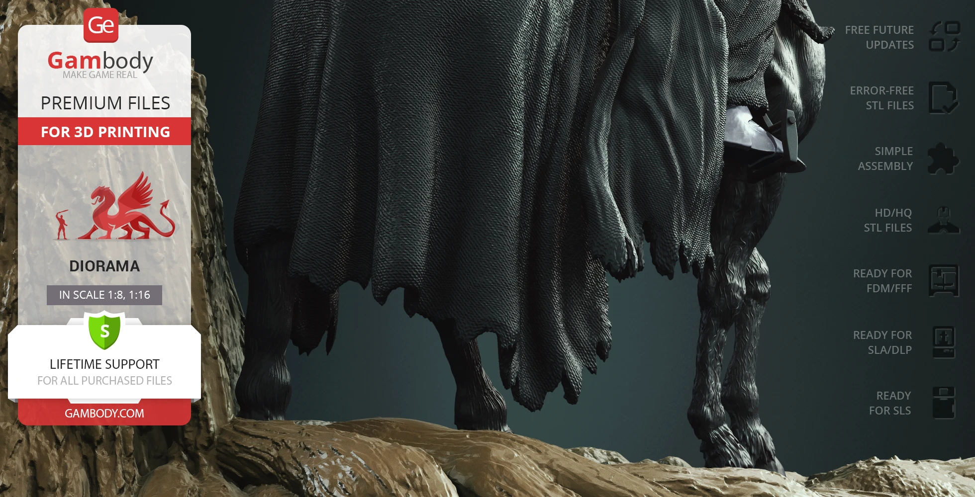 A detailed, dark-cloaked figure stands on rocky terrain, part of a diorama for 3D printing.