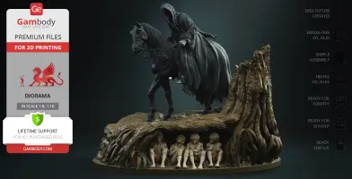 A cloaked figure on a horse above hiding hobbits in a diorama setting, ready for 3D printing.