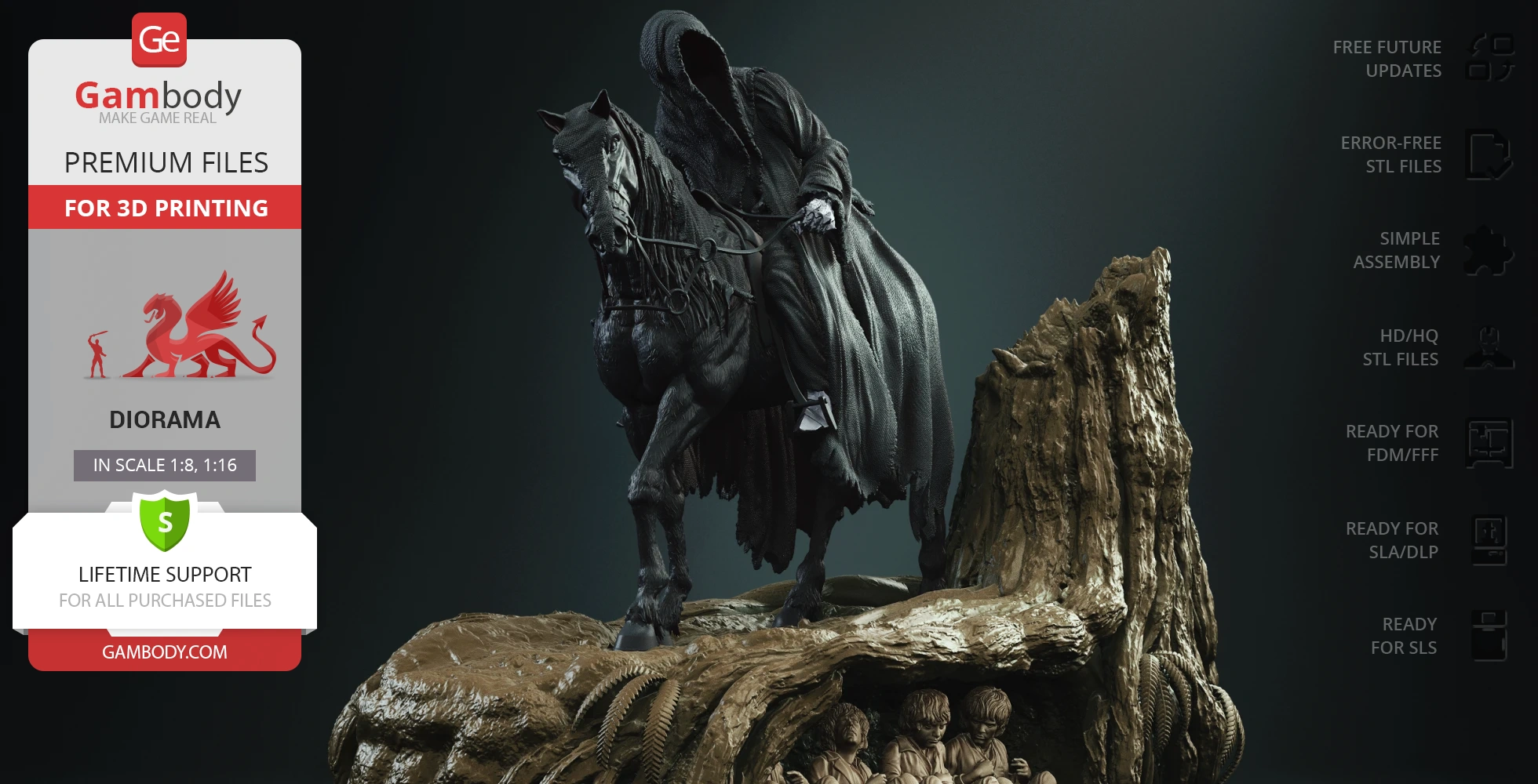 A Nazgul on horseback above hiding hobbits in a detailed diorama scene.